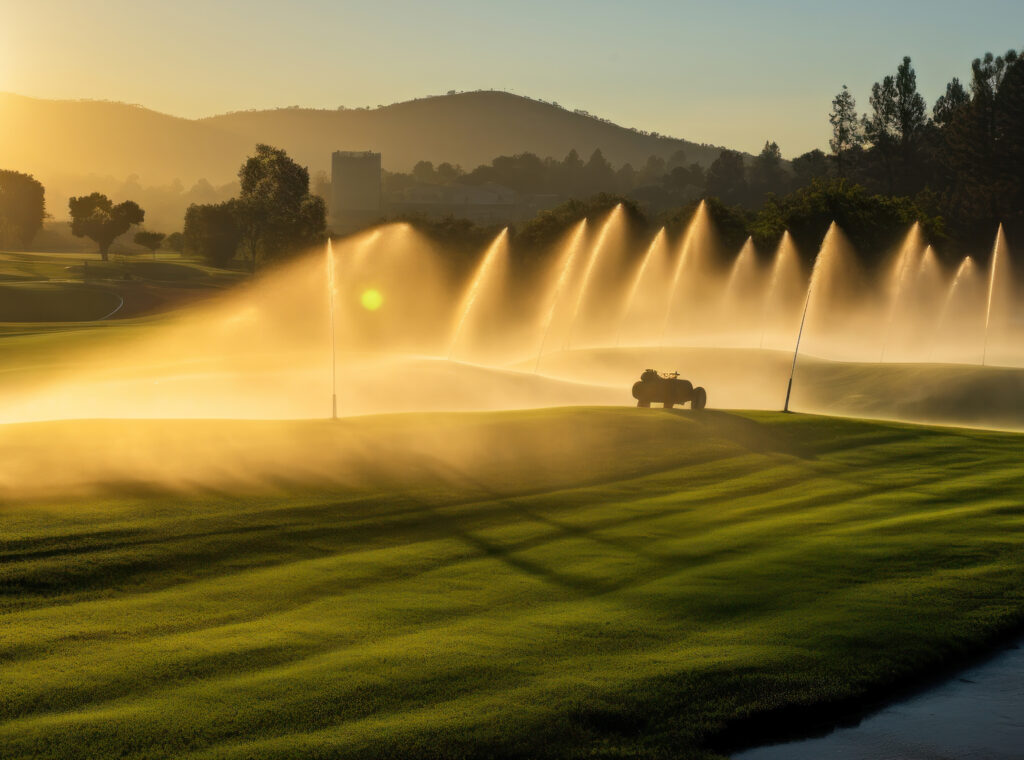 Golf course in maintenance, Watering The Golf Course, Sprinkler.