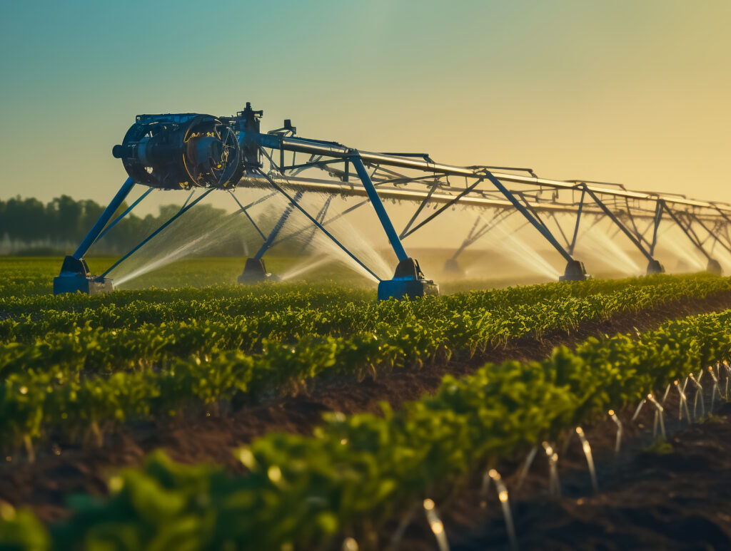Watering system in the field. An irrigation pivot watering a field.