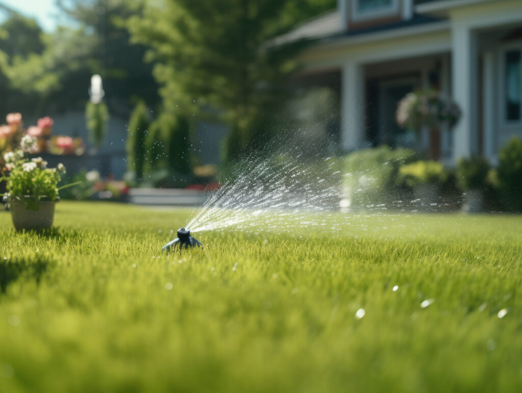 Watering garden with hose at heat summer. Close up. Automatic smart irrigation system.